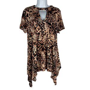 Jennifer Lopez Womens Leopard Print Top Keyhole Neck Short Sleeve Flowing Hem M